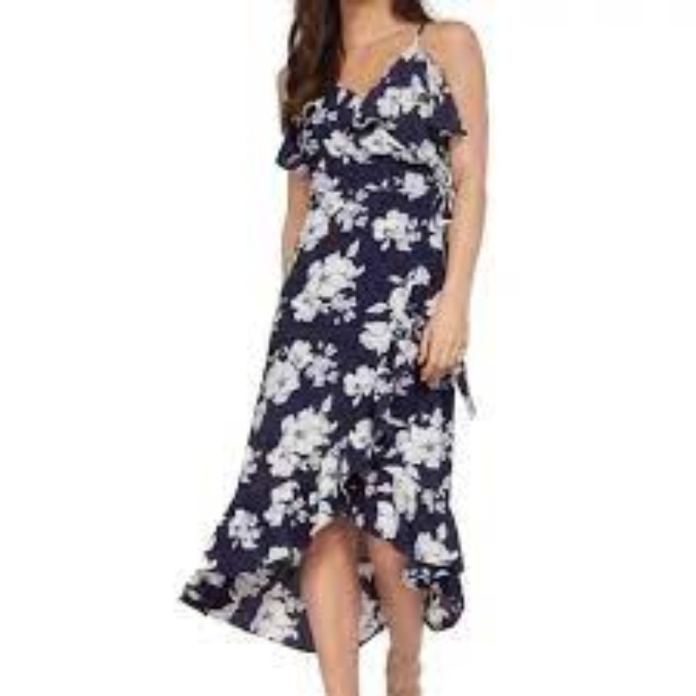 NWT Dex Navy Blue White Pink Floral Print Ruffle Wrap Midi Dress